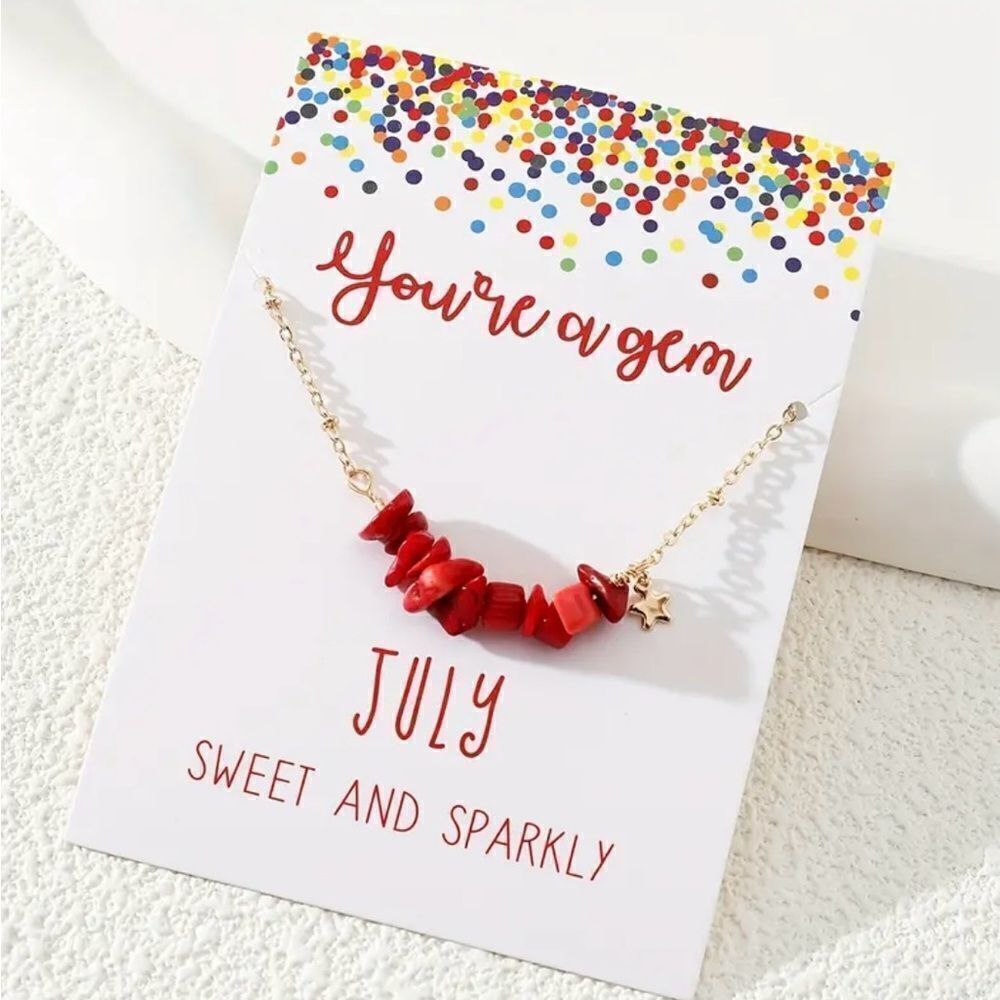 Natural Coral Chips Gold Tone Necklace July Birthday Gift NWT